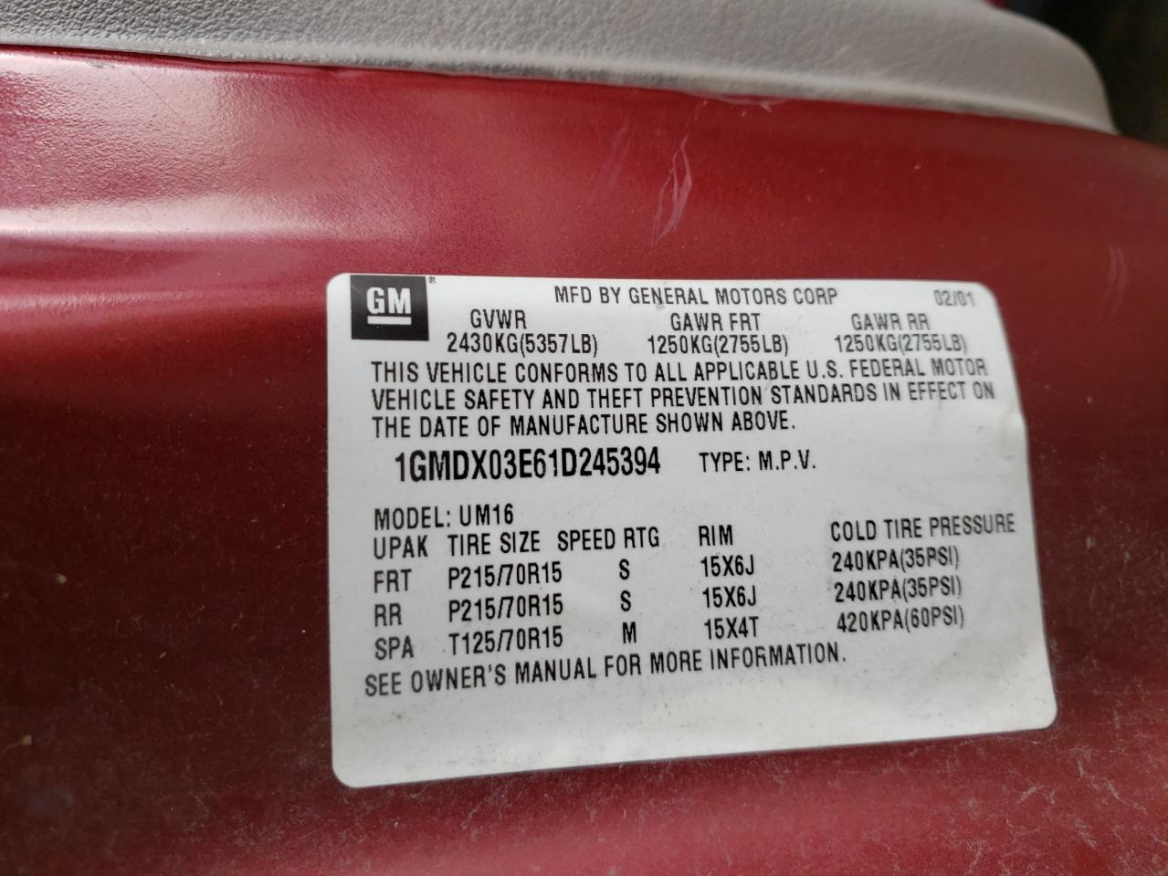 Photo 10 from auction – 2001 PONTIAC MONTANA with VIN 1GMDX03E61D245394