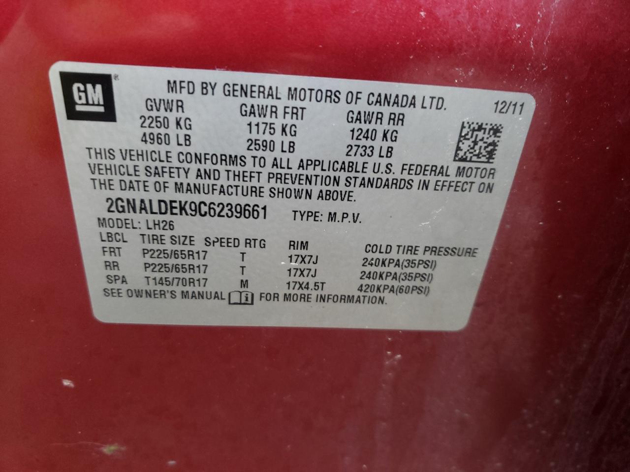 Photo 10 from auction – 2012 CHEVROLET EQUINOX LT with VIN 2GNALDEK9C6239661