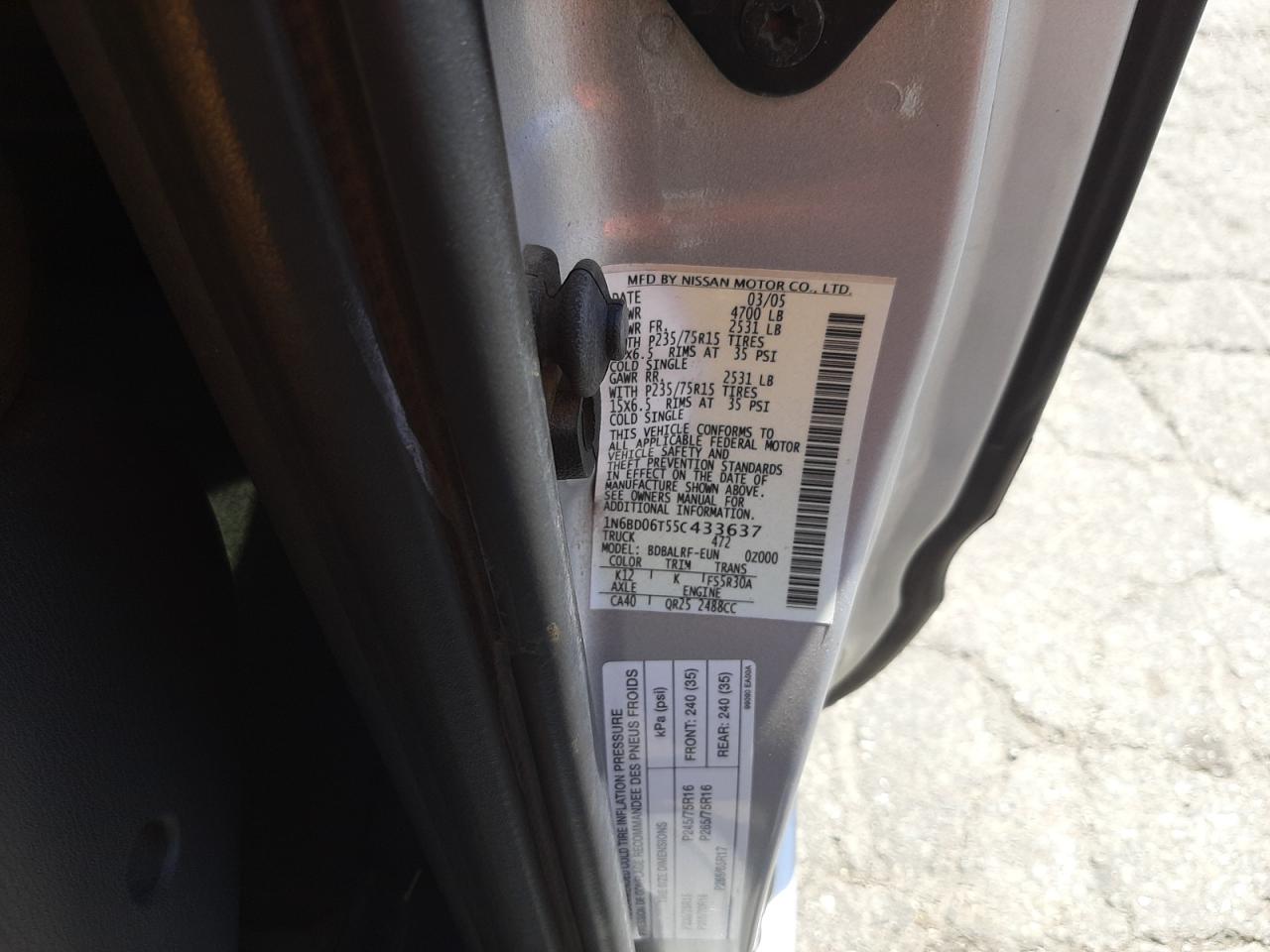 Photo 10 from auction – 2005 NISSAN FRONTIER K with VIN 1N6BD06T55C433637