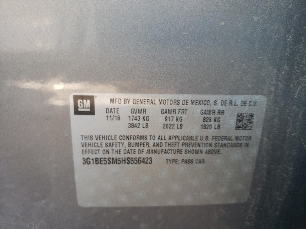 Photo 10 from auction – 2017 CHEVROLET CRUZE LT with VIN 3G1BE5SM5HS556423