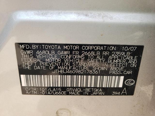 Photo 10 from auction – 2008 LEXUS ES 350 with VIN JTHBJ46G982178361