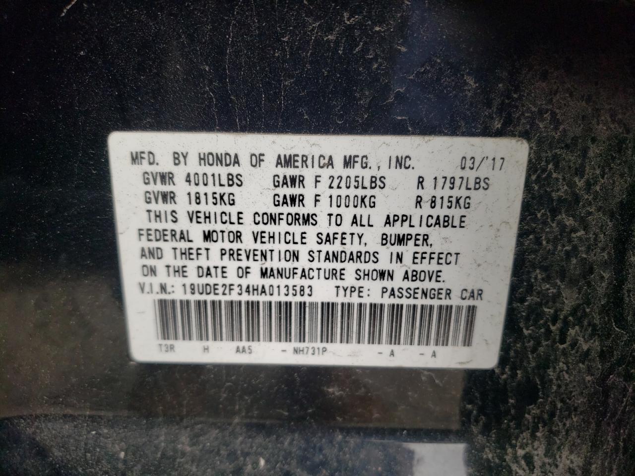 Photo 10 from auction – 2017 ACURA ILX BASE W with VIN 19UDE2F34HA013583