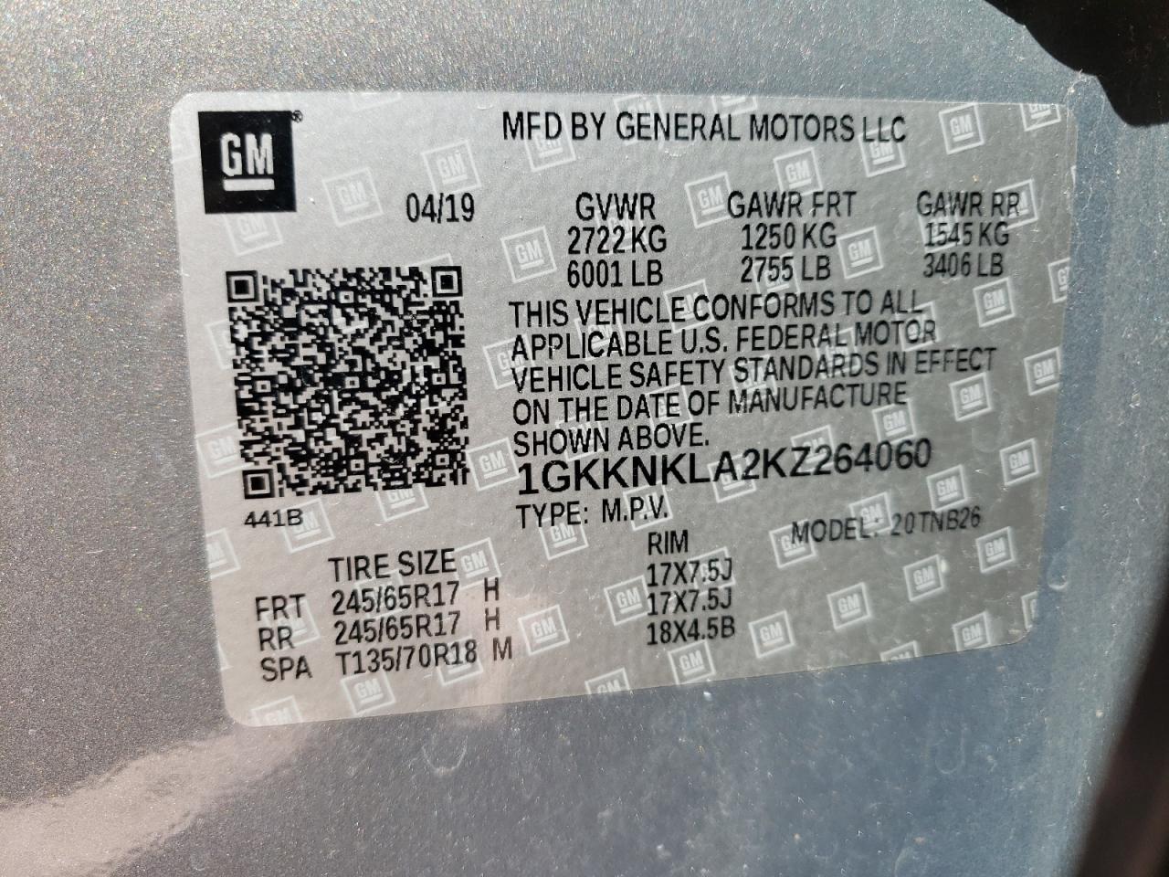 Photo 10 from auction – 2019 GMC ACADIA SLE with VIN 1GKKNKLA2KZ264060