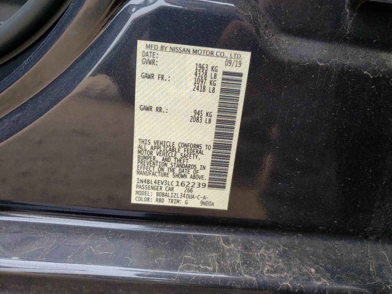 Photo 10 from auction – 2020 NISSAN ALTIMA SL with VIN 1N4BL4EV3LC162239