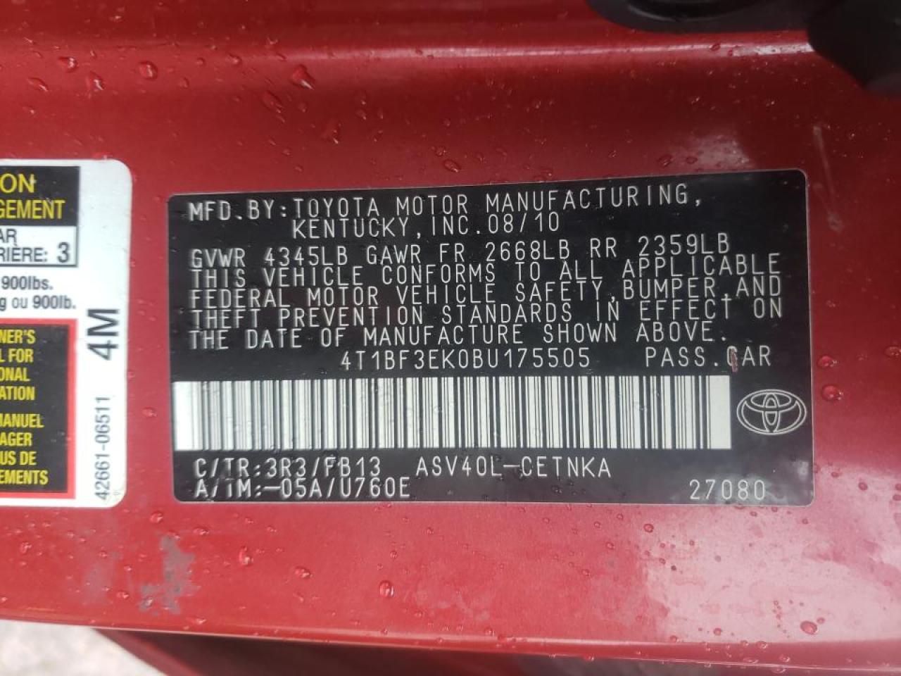Photo 10 from auction – 2011 TOYOTA CAMRY with VIN 4T1BF3EK0BU175505