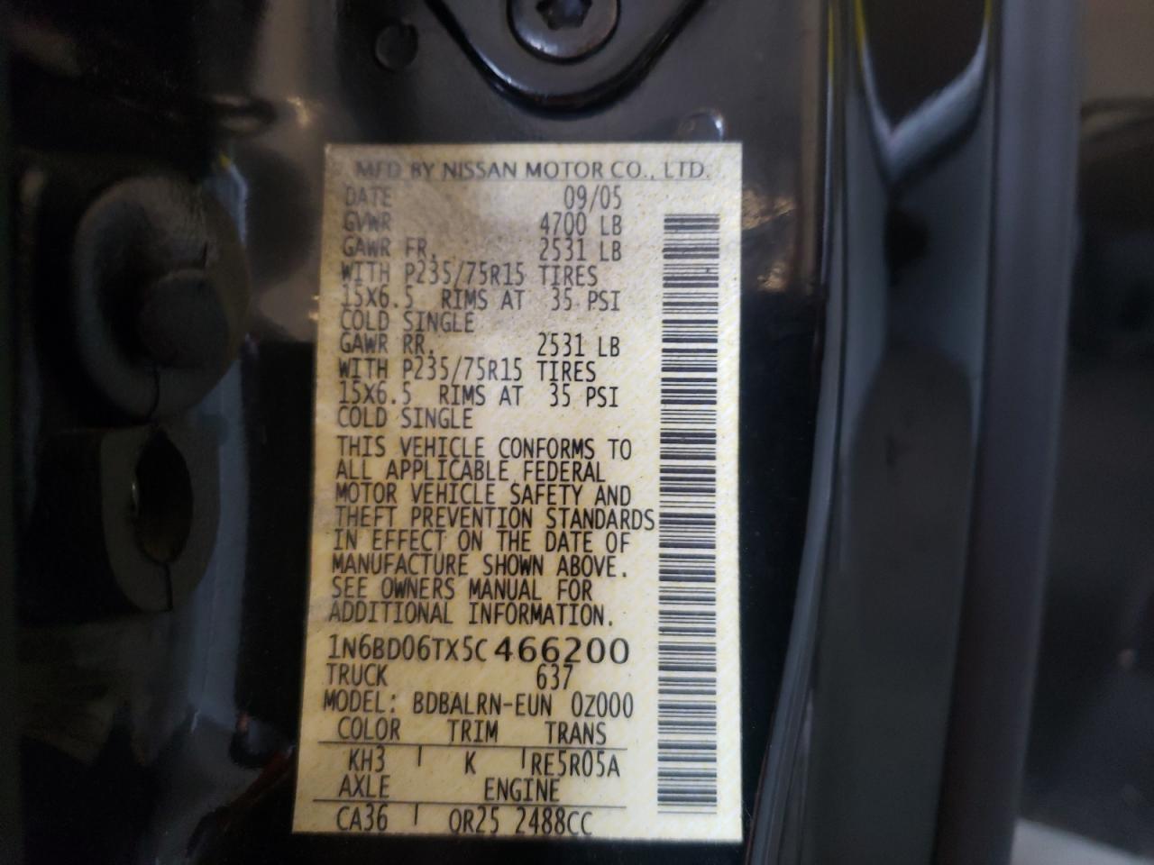 Photo 10 from auction – 2005 NISSAN FRONTIER K with VIN 1N6BD06TX5C466200