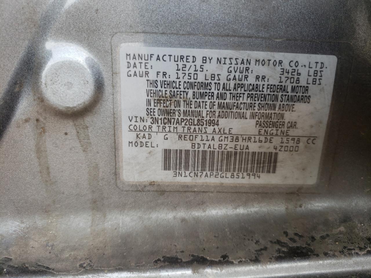 Photo 20 from auction – 2016 NISSAN VERSA S with VIN 3N1CN7AP2GL851994