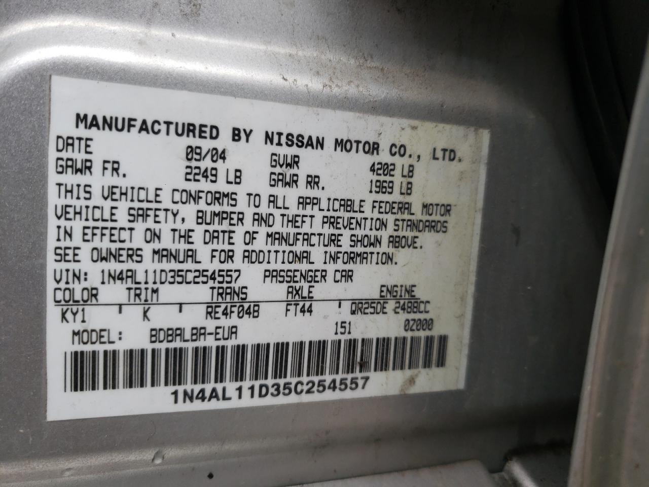 Photo 10 from auction – 2005 NISSAN ALTIMA S with VIN 1N4AL11D35C254557