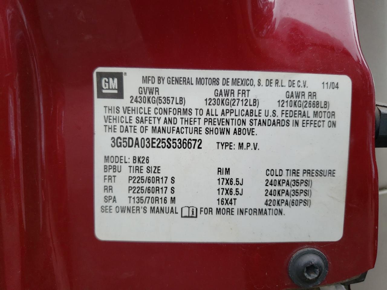 Photo 10 from auction – 2005 BUICK RENDEZVOUS with VIN 3G5DA03E25S536672
