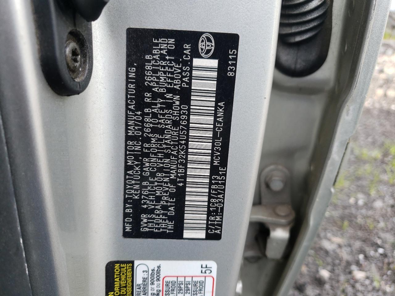 Photo 11 from auction – 2004 TOYOTA CAMRY LE with VIN 4T1BF32K54U576930