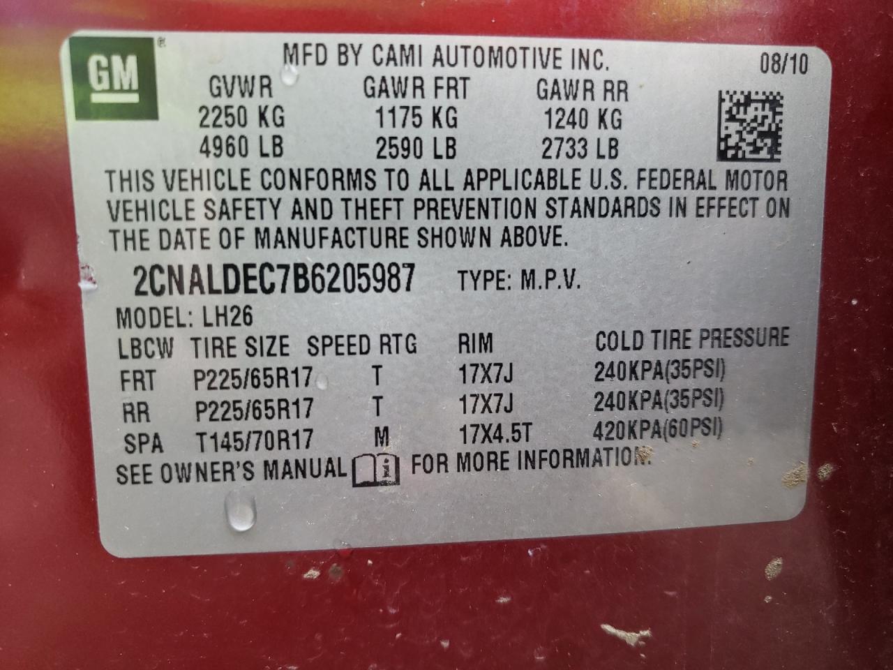 Photo 10 from auction – 2011 CHEVROLET EQUINOX LT with VIN 2CNALDEC7B6205987