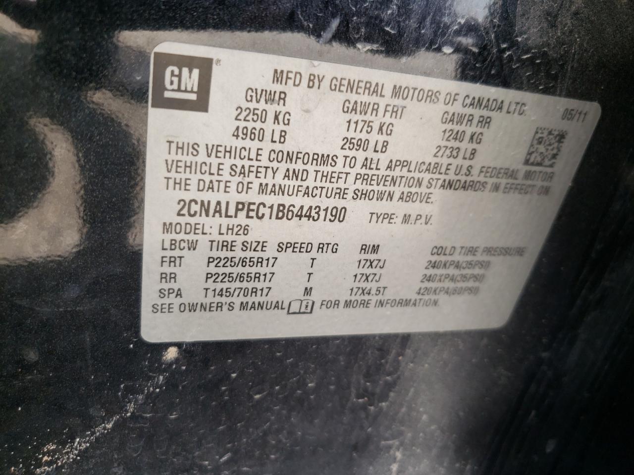 Photo 11 from auction – 2011 CHEVROLET EQUINOX LT with VIN 2CNALPEC1B6443190