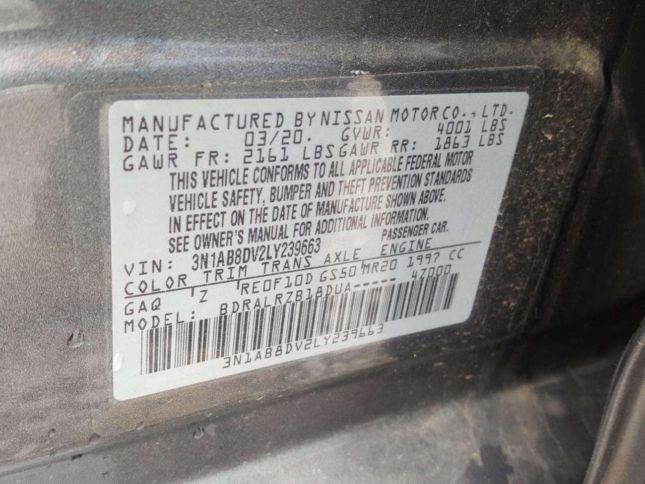 Photo 10 from auction – 2020 NISSAN SENTRA SR with VIN 3N1AB8DV2LY239663