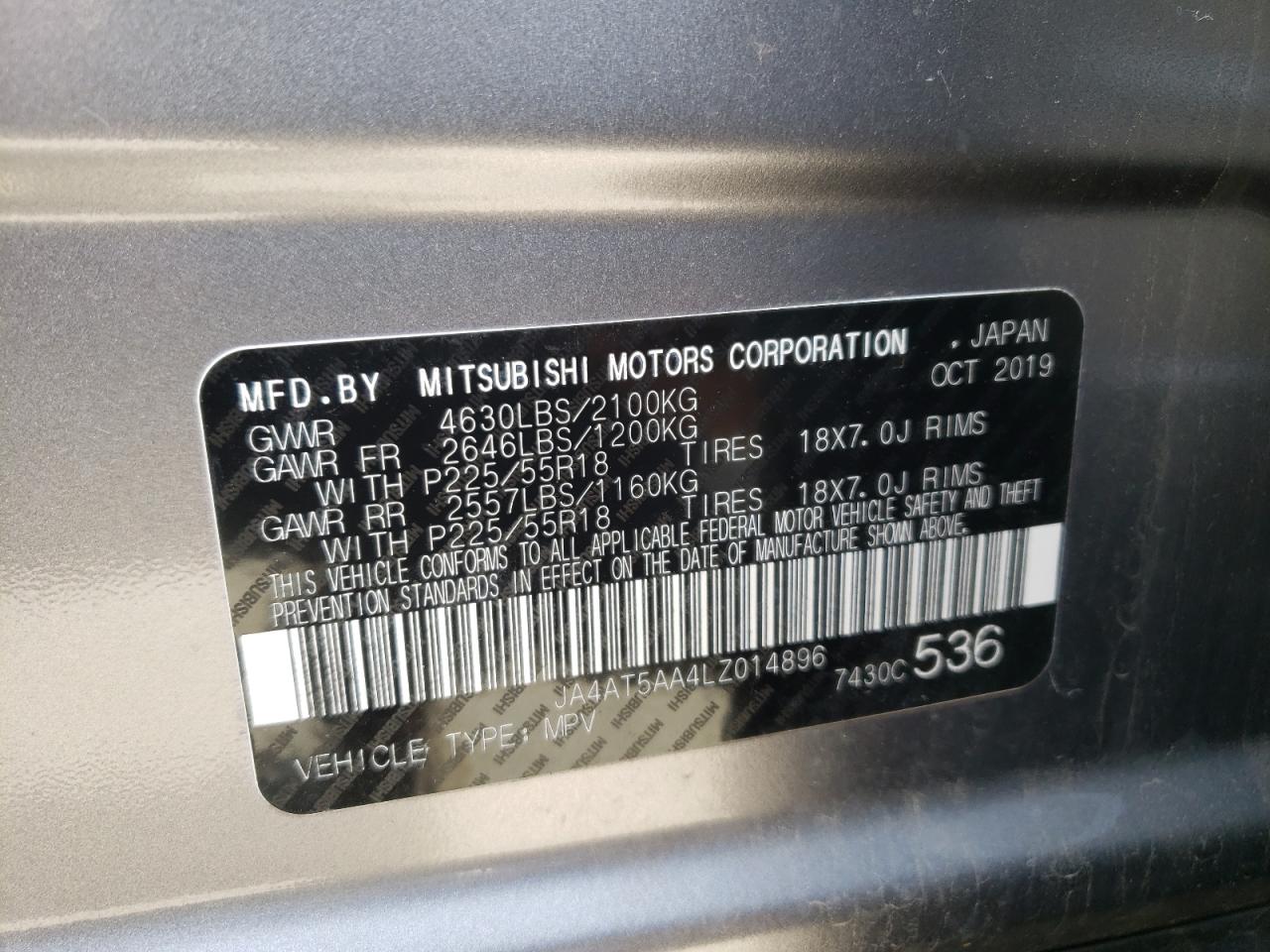 Photo 11 from auction – 2020 MITSUBISHI ECLIPSE CR with VIN JA4AT5AA4LZ014896