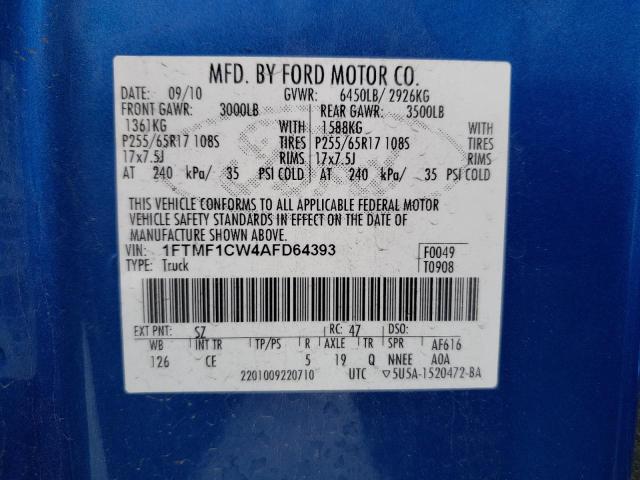 Photo 10 from auction – 2010 FORD F150 with VIN 1FTMF1CW4AFD64393