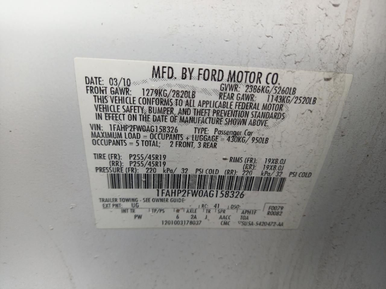 Photo 11 from auction – 2010 FORD TAURUS LIM with VIN 1FAHP2FW0AG158326