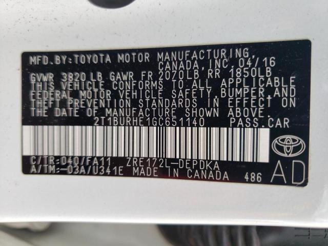 Photo 10 from auction – 2016 TOYOTA COROLLA L with VIN 2T1BURHE1GC651140