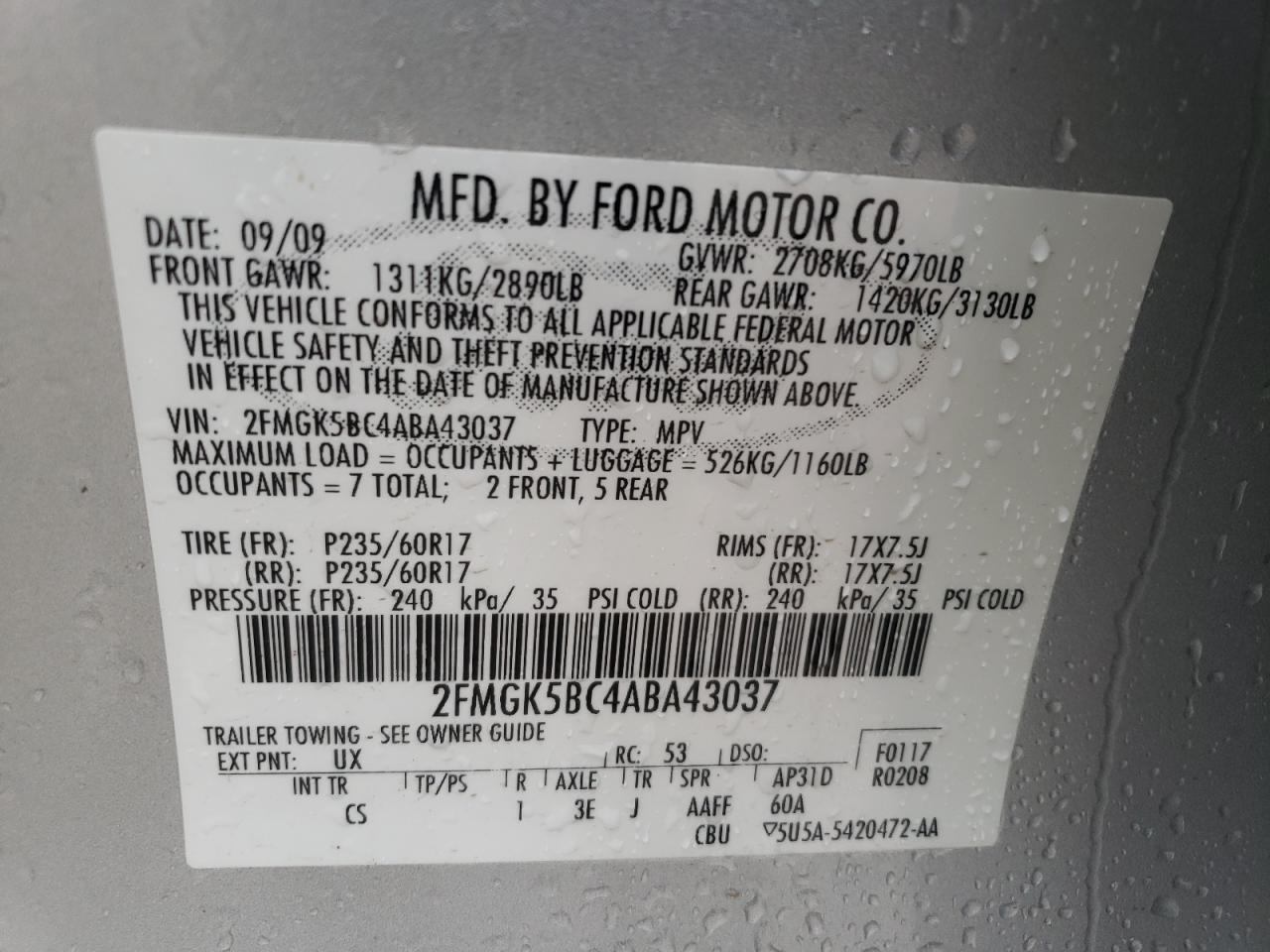 Photo 10 from auction – 2010 FORD FLEX SE with VIN 2FMGK5BC4ABA43037