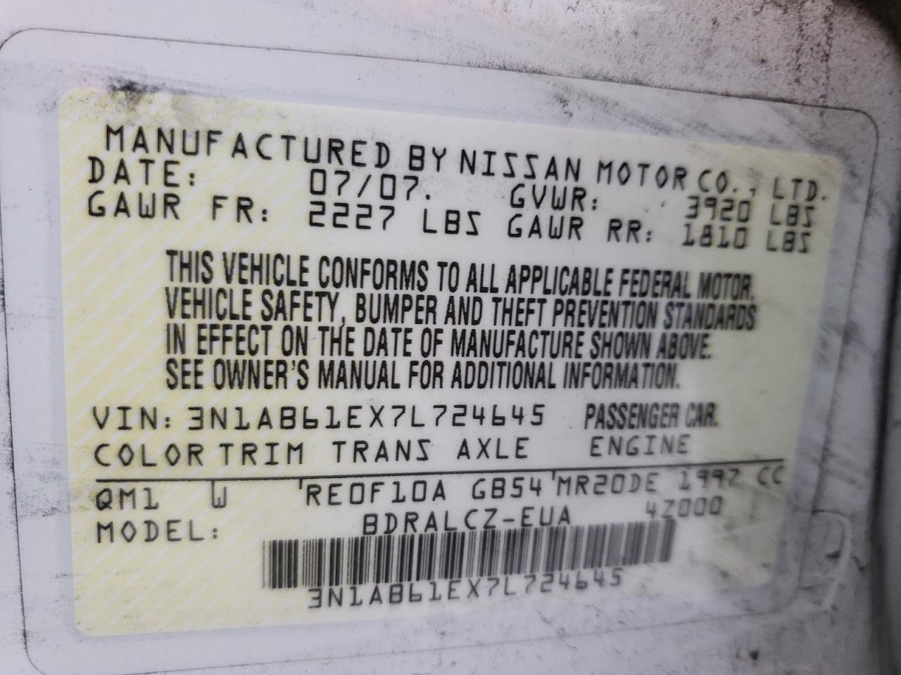 Photo 11 from auction – 2007 NISSAN SENTRA 2.0 with VIN 3N1AB61EX7L724645