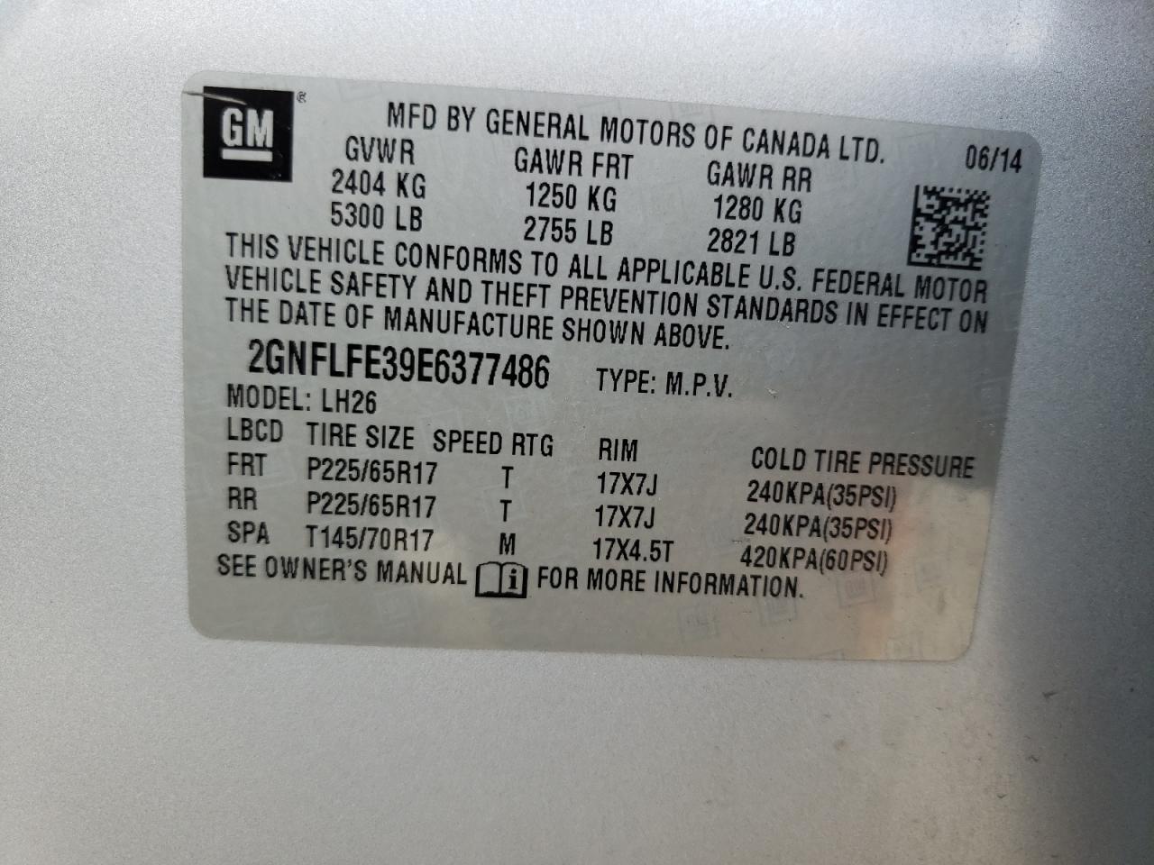 Photo 11 from auction – 2014 CHEVROLET EQUINOX LT with VIN 2GNFLFE39E6377486