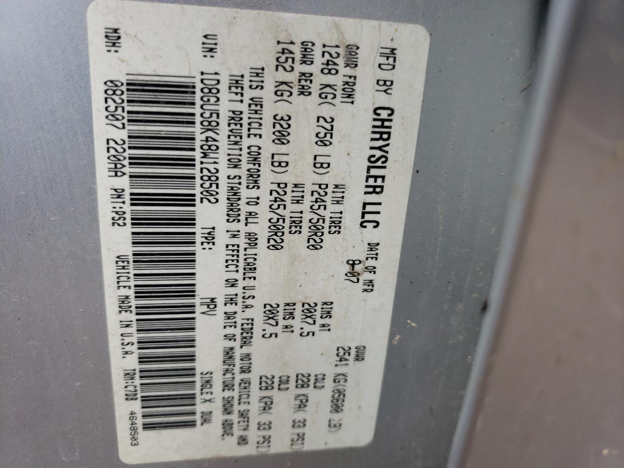 Photo 10 from auction – 2008 DODGE NITRO SLT with VIN 1D8GU58K48W128502
