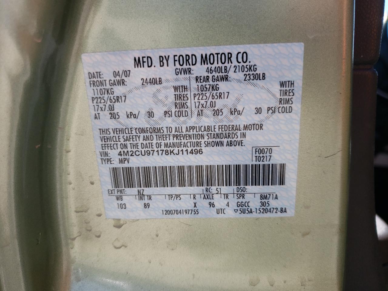 Photo 11 from auction – 2008 MERCURY MARINER PR with VIN 4M2CU97178KJ11496
