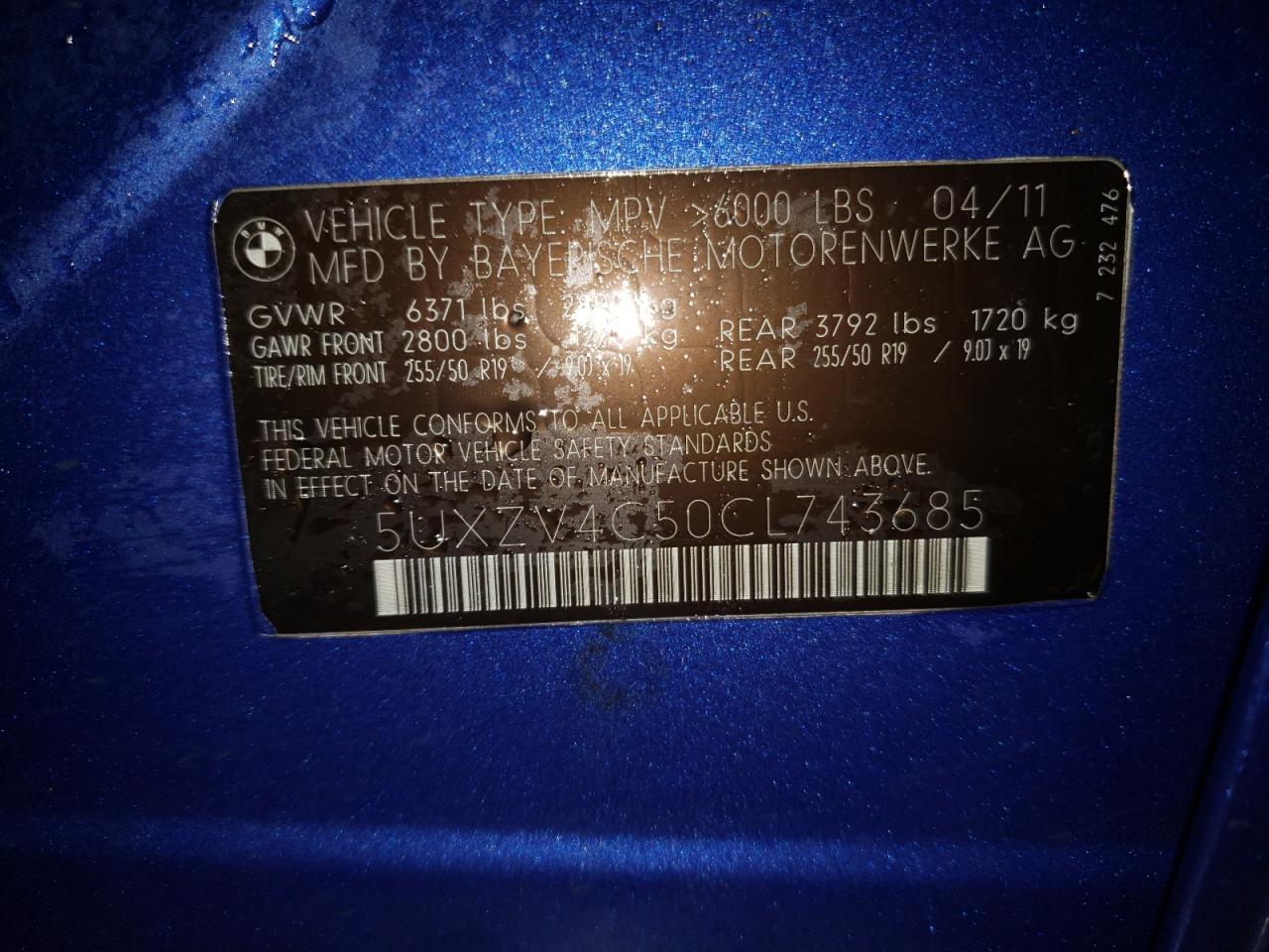 Photo 10 from auction – 2012 BMW X5 XDRIVE3 with VIN 5UXZV4C50CL743685