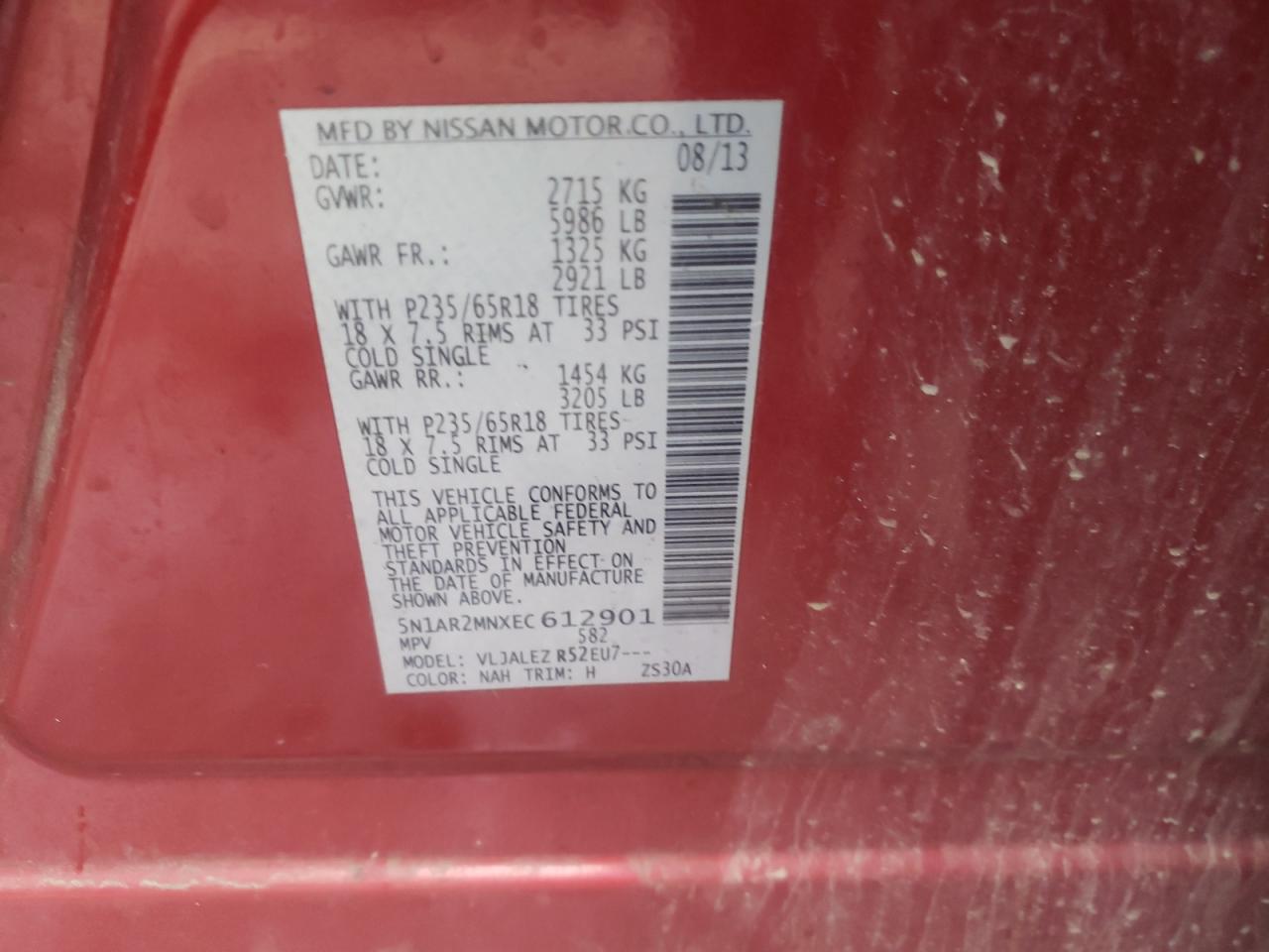 Photo 10 from auction – 2014 NISSAN PATHFINDER with VIN 5N1AR2MNXEC612901