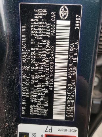 Photo 10 from auction – 2012 TOYOTA CAMRY BASE with VIN 4T1BF1FK6CU194452