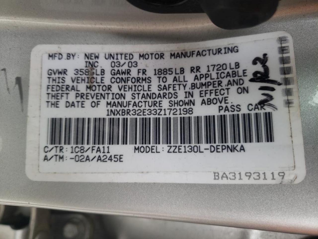 Photo 10 from auction – 2003 TOYOTA COROLLA CE with VIN 1NXBR32E33Z172198