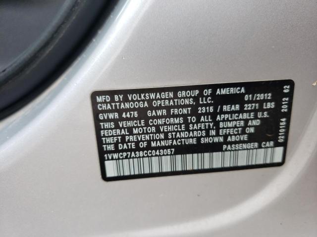 Photo 10 from auction – 2012 VOLKSWAGEN PASSAT SEL with VIN 1VWCP7A38CC043057