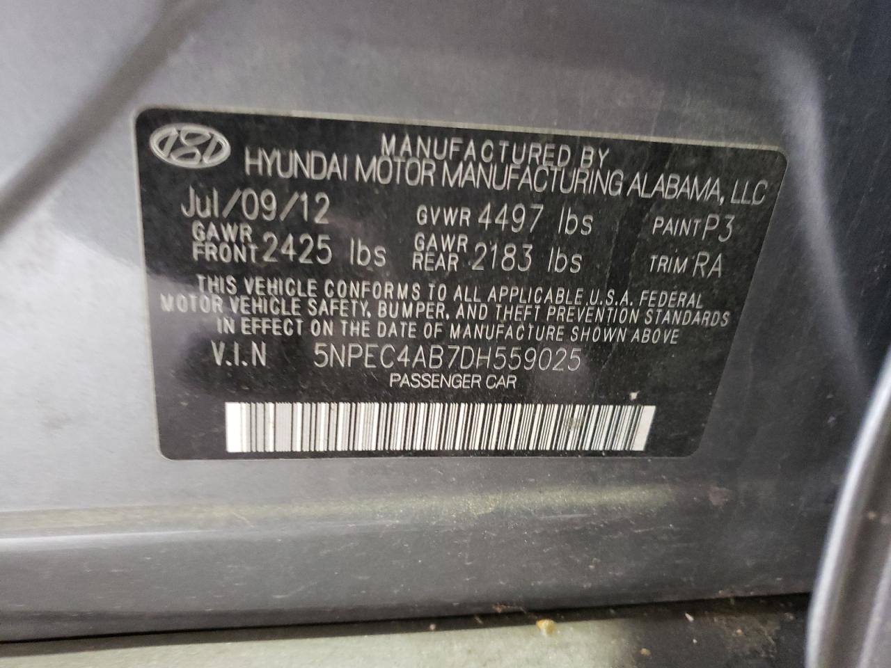 Photo 10 from auction – 2013 HYUNDAI SONATA SE with VIN 5NPEC4AB7DH559025
