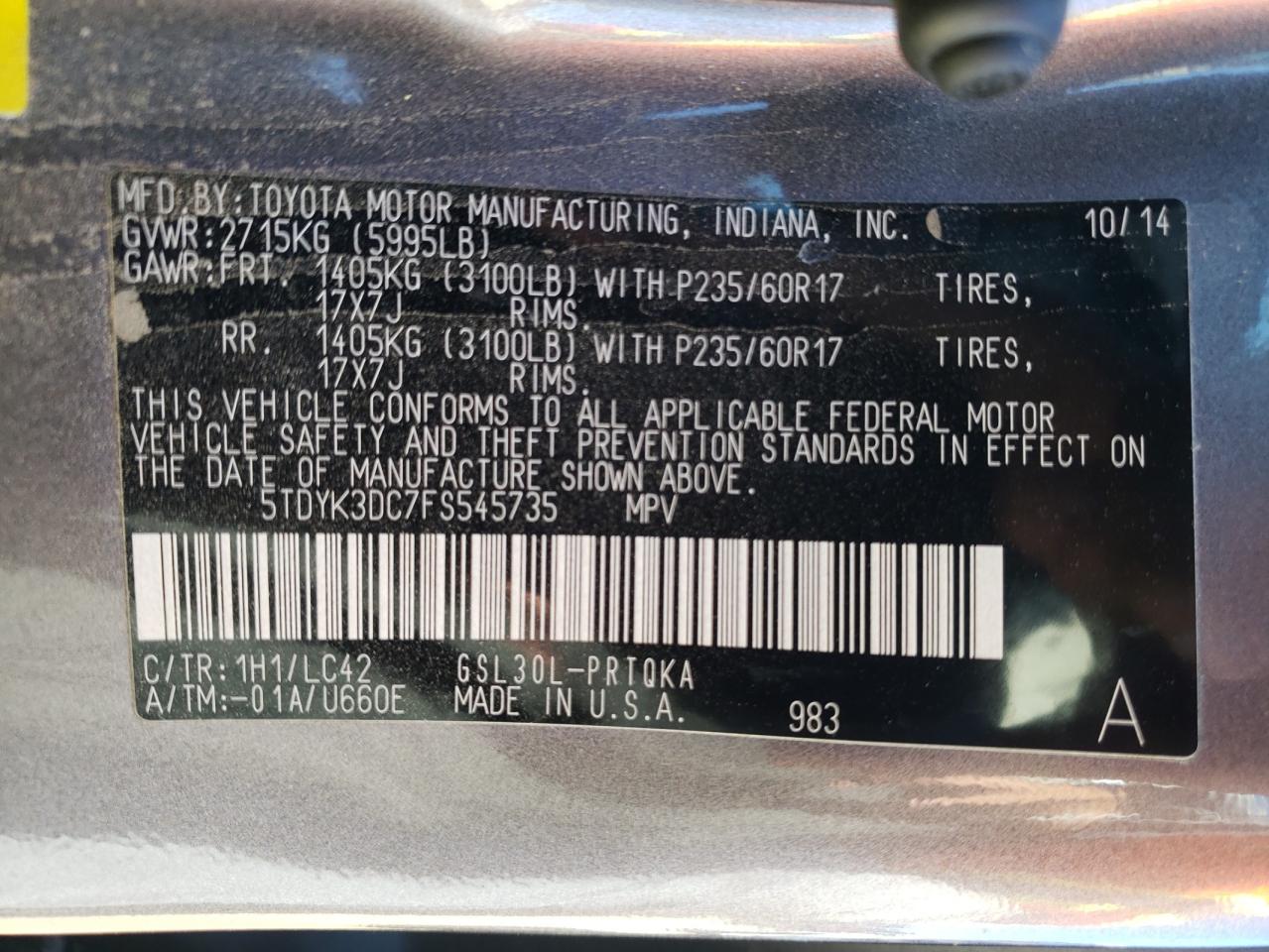 Photo 11 from auction – 2015 TOYOTA SIENNA XLE with VIN 5TDYK3DC7FS545735