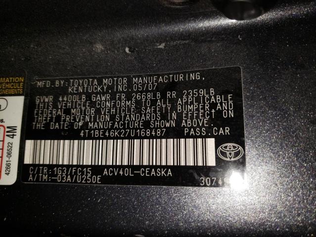 Photo 10 from auction – 2007 TOYOTA CAMRY with VIN 4T1BE46K27U168487