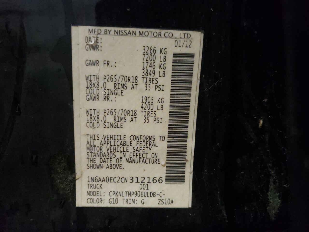 Photo 10 from auction – 2012 NISSAN TITAN S with VIN 1N6AA0EC2CN312166