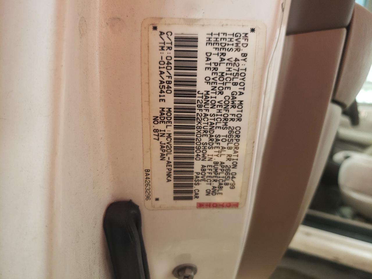 Photo 10 from auction – 1999 TOYOTA CAMRY LE with VIN JT2BF22K8X0209040