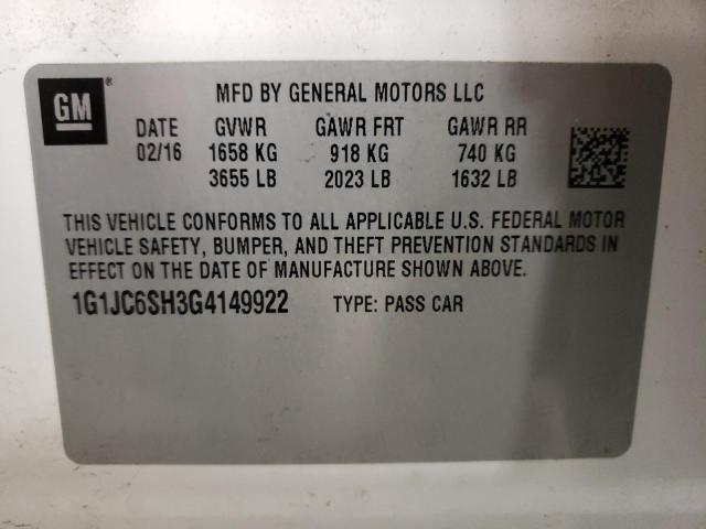 Photo 10 from auction – 2016 CHEVROLET SONIC LT with VIN 1G1JC6SH3G4149922