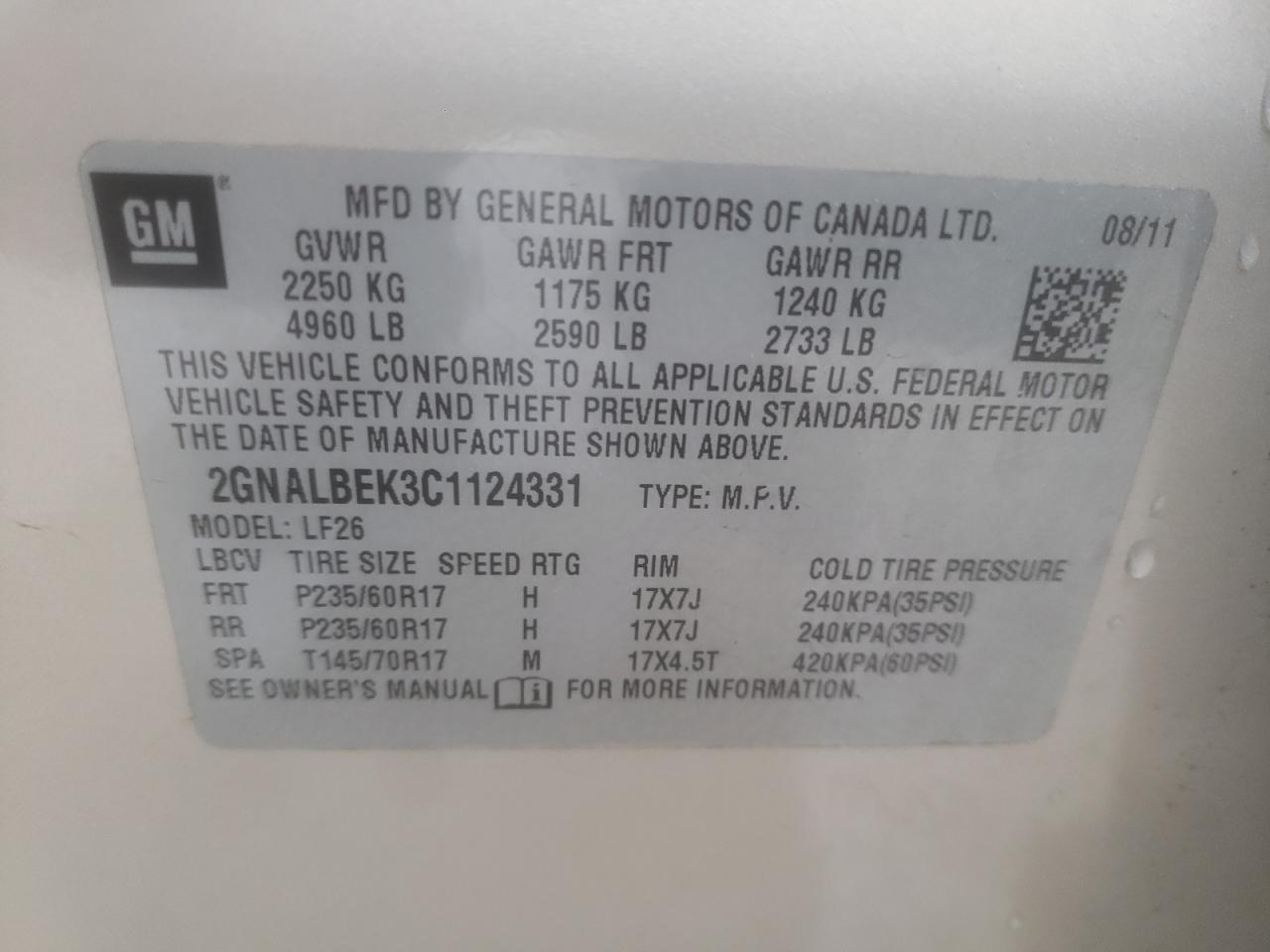 Photo 10 from auction – 2012 CHEVROLET EQUINOX LS with VIN 2GNALBEK3C1124331