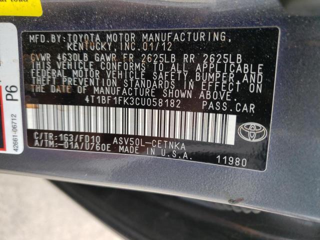 Photo 10 from auction – 2012 TOYOTA CAMRY BASE with VIN 4T1BF1FK3CU058182