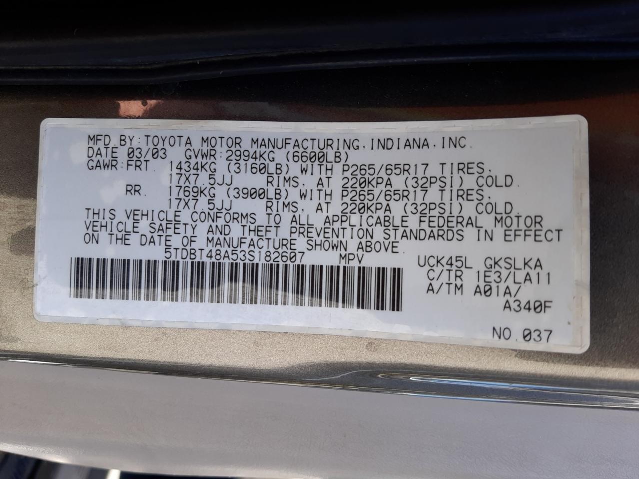 Photo 10 from auction – 2003 TOYOTA SEQUOIA LI with VIN 5TDBT48A53S182607