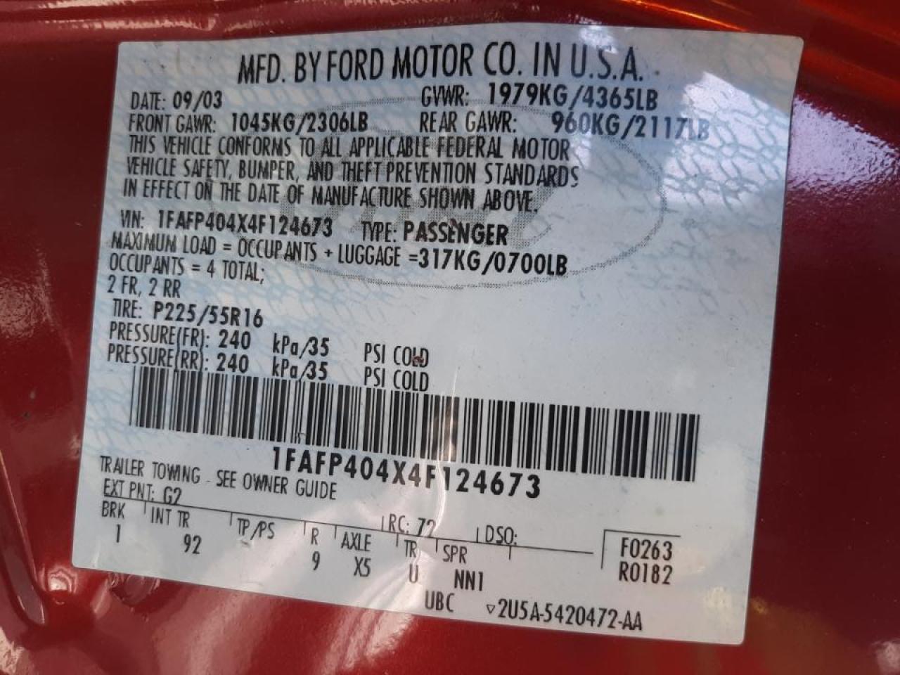 Photo 20 from auction – 2004 FORD MUSTANG with VIN 1FAFP404X4F124673