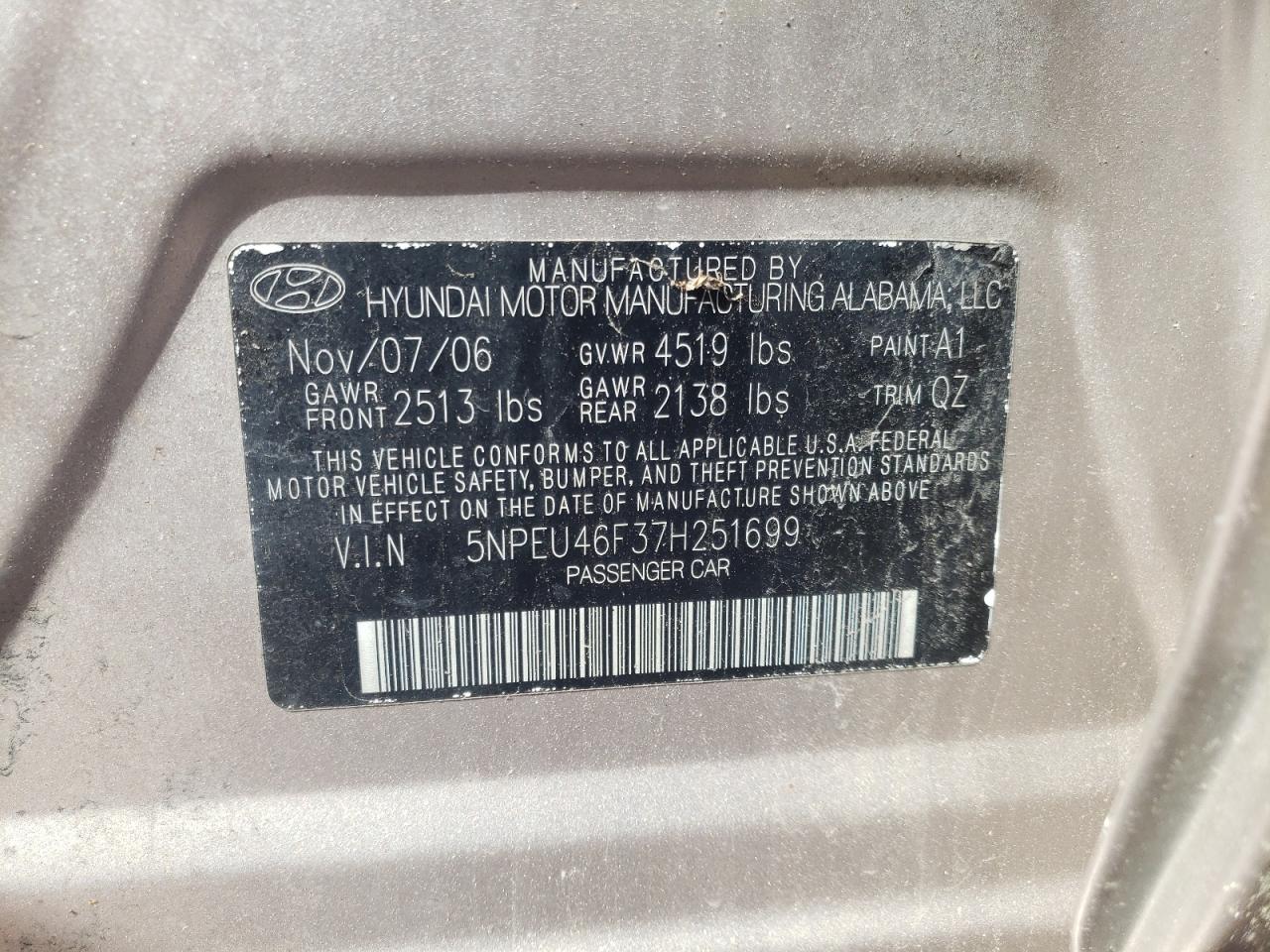Photo 10 from auction – 2007 HYUNDAI SONATA SE with VIN 5NPEU46F37H251699