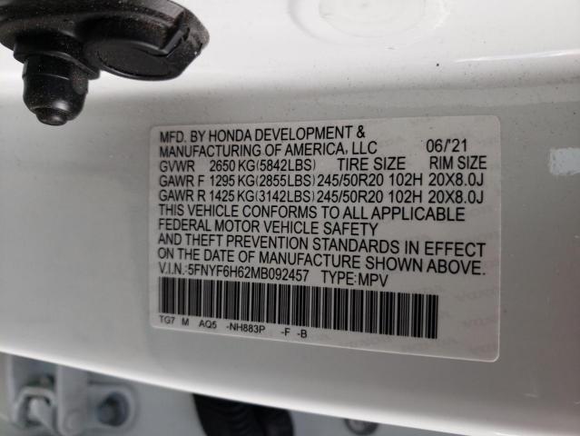 Photo 10 from auction – 2021 HONDA PILOT TOUR with VIN 5FNYF6H62MB092457