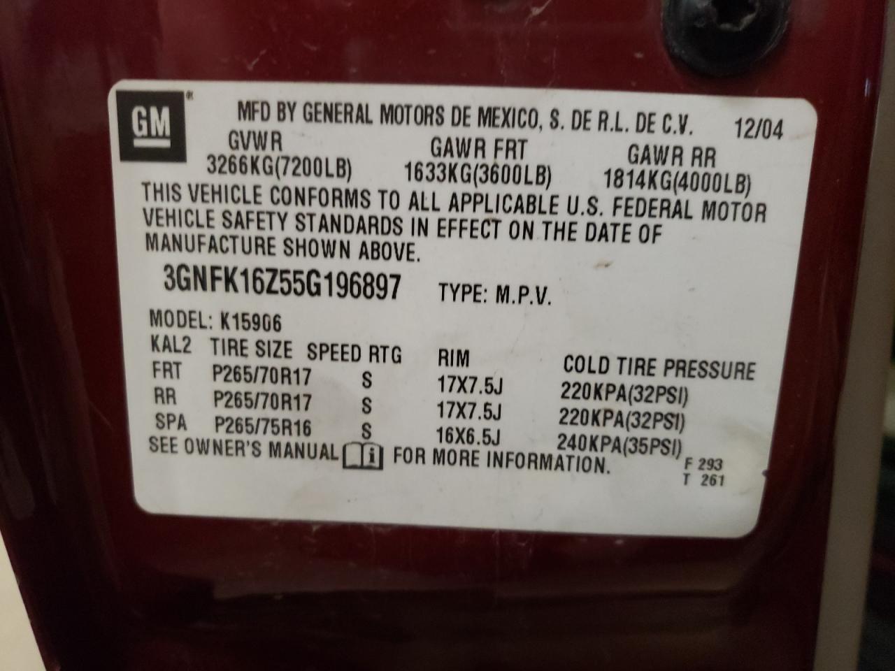 Photo 10 from auction – 2005 CHEVROLET SUBURBAN K with VIN 3GNFK16Z55G196897