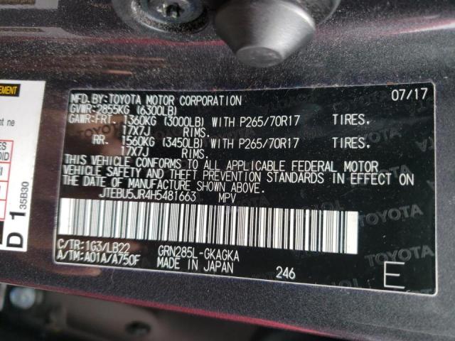 Photo 10 from auction – 2017 TOYOTA 4RUNNER SR with VIN JTEBU5JR4H5481663
