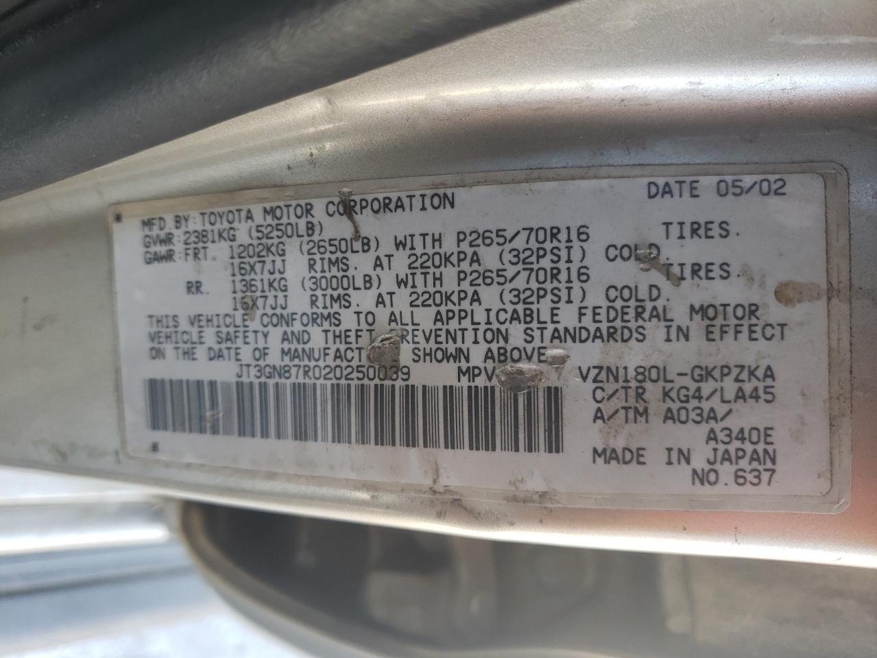 Photo 10 from auction – 2002 TOYOTA 4RUNNER LI with VIN JT3GN87R020250039