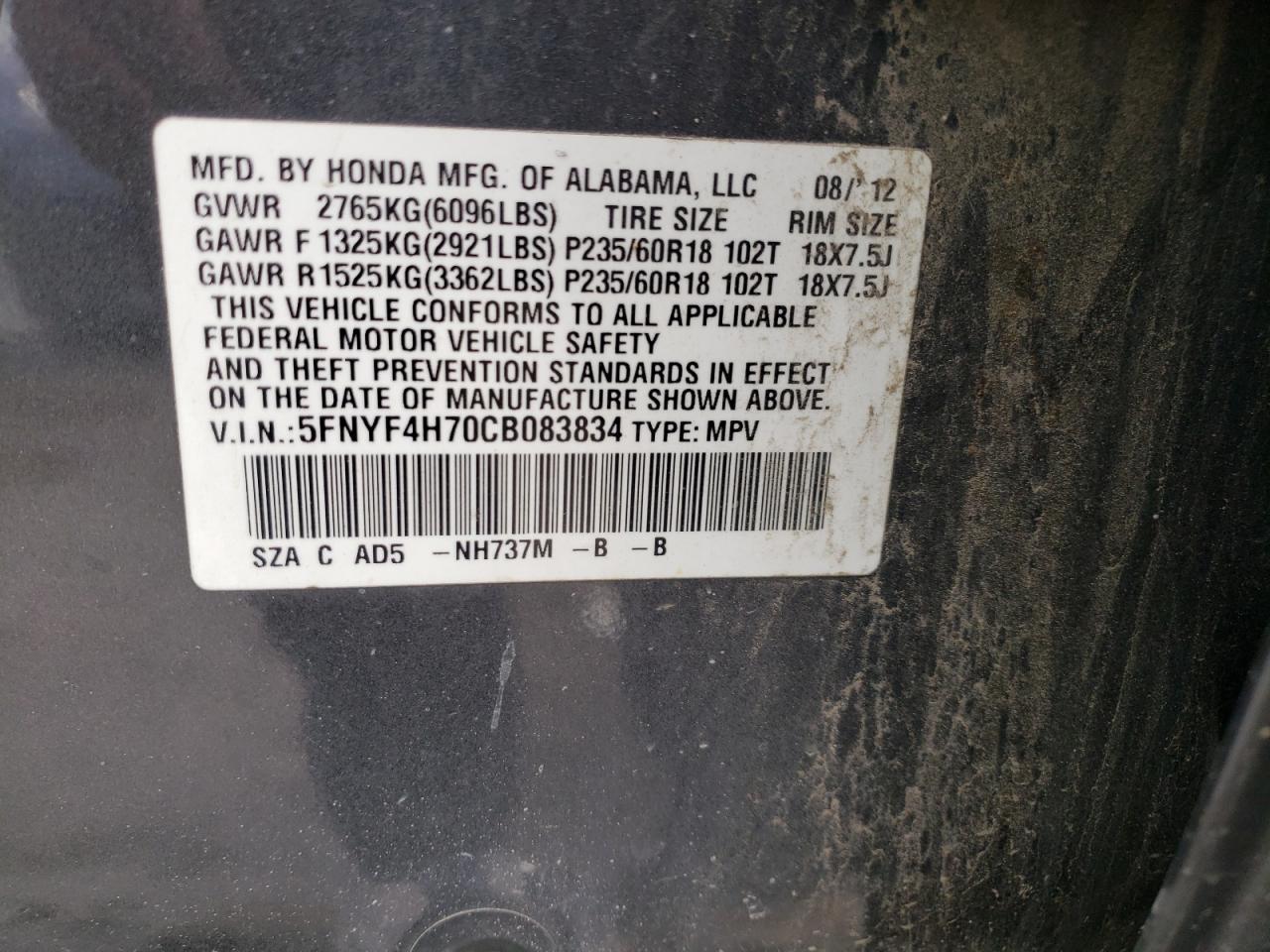 Photo 11 from auction – 2012 HONDA PILOT EXLN with VIN 5FNYF4H70CB083834