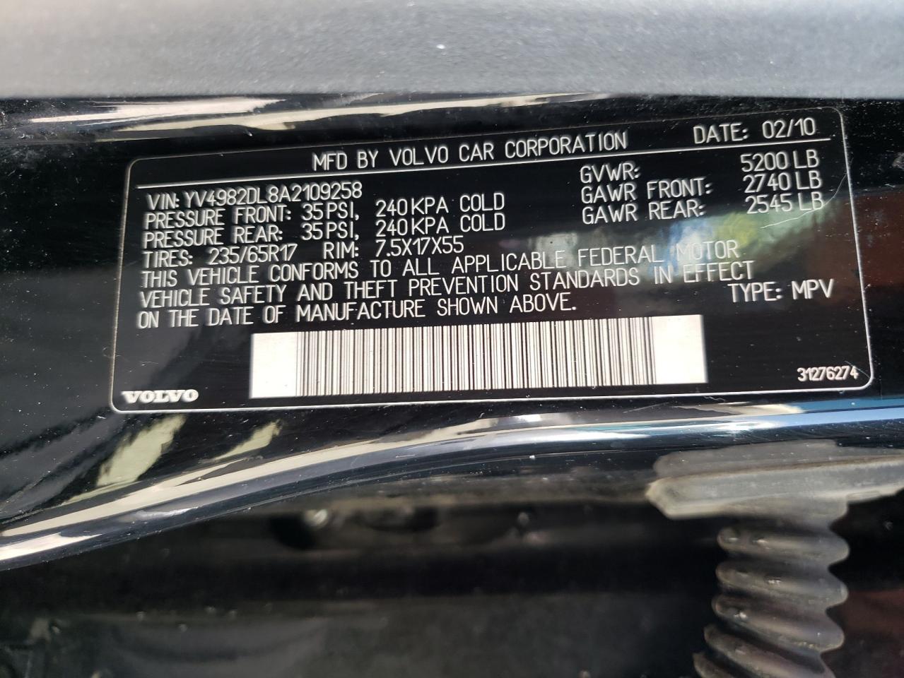 Photo 10 from auction – 2010 VOLVO XC60 3.2 with VIN YV4982DL8A2109258
