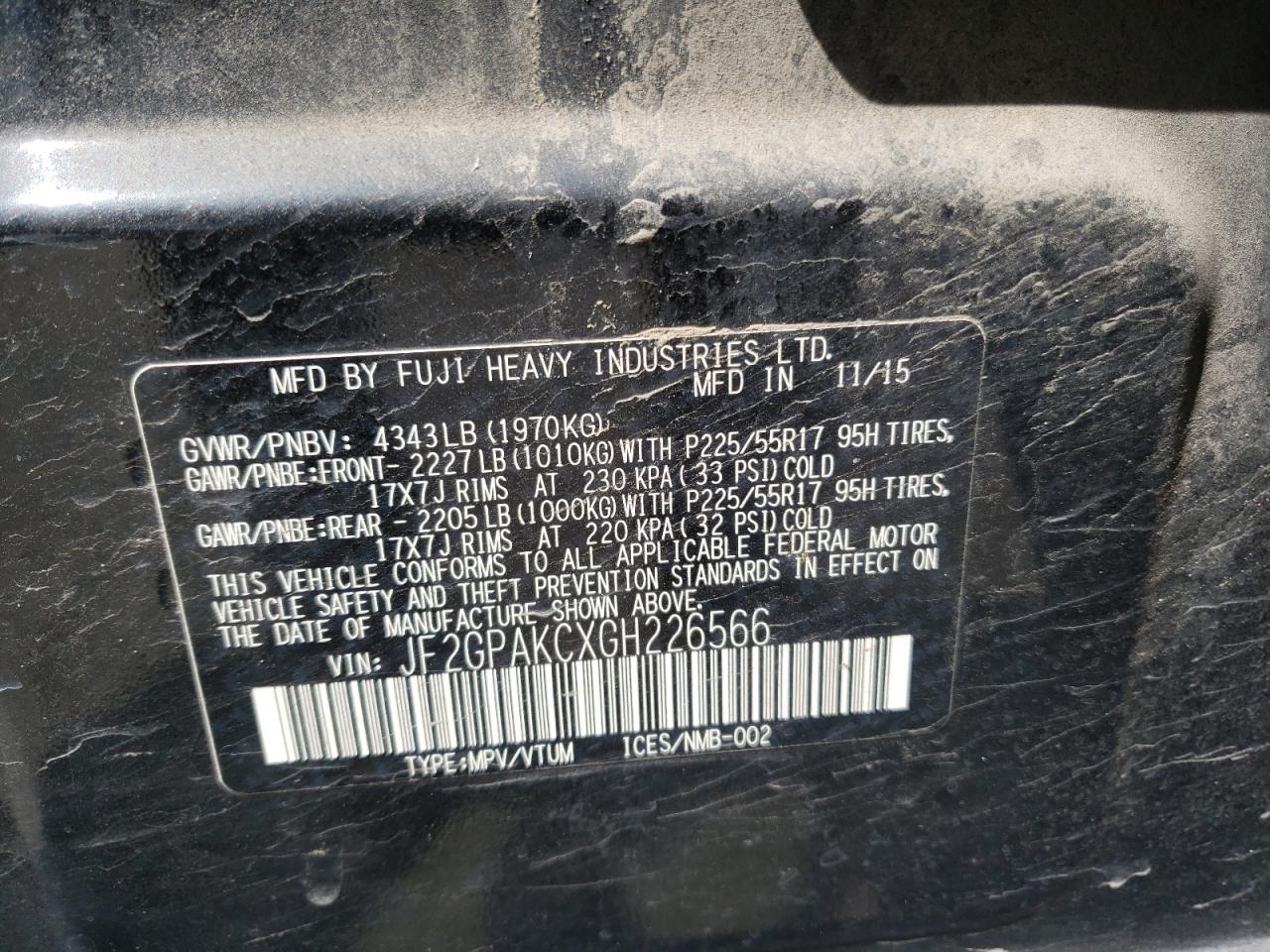 Photo 10 from auction – 2016 SUBARU CROSSTREK with VIN JF2GPAKCXGH226566