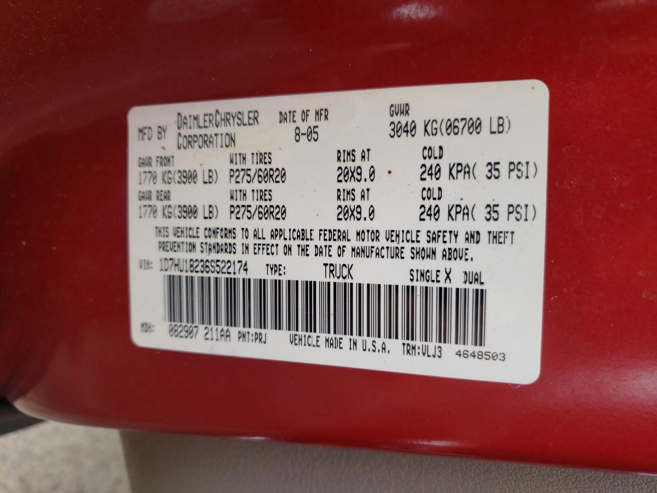 Photo 10 from auction – 2006 DODGE RAM 1500 S with VIN 1D7HU18236S522174